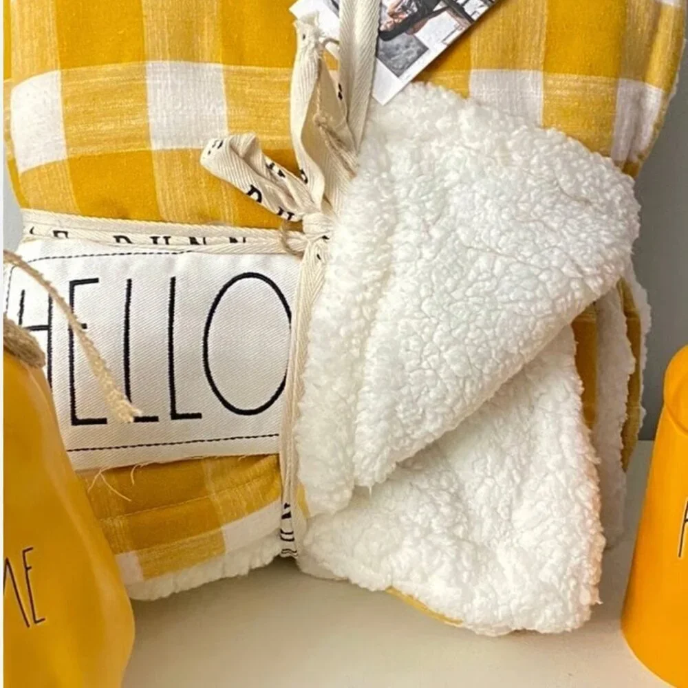 RARE Rae Dunn Hello Fall Gingham Plaid Sherpa Cozy Throw Blanket Yellow White